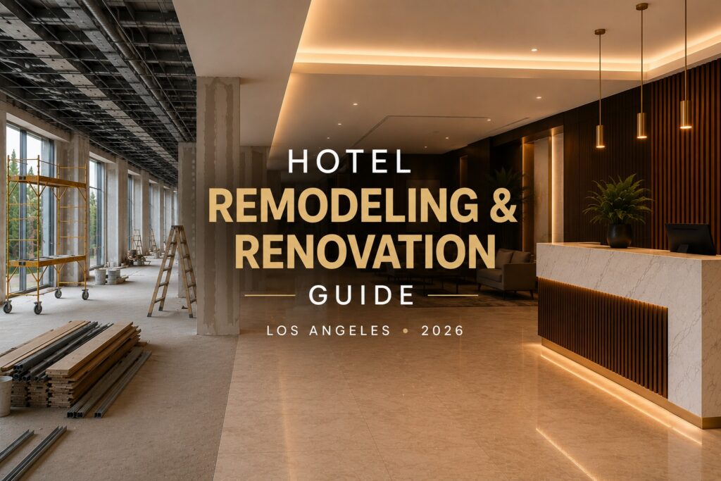 Split-view of a hotel construction area and a finished luxury hotel lobby representing hotel remodeling and renovation