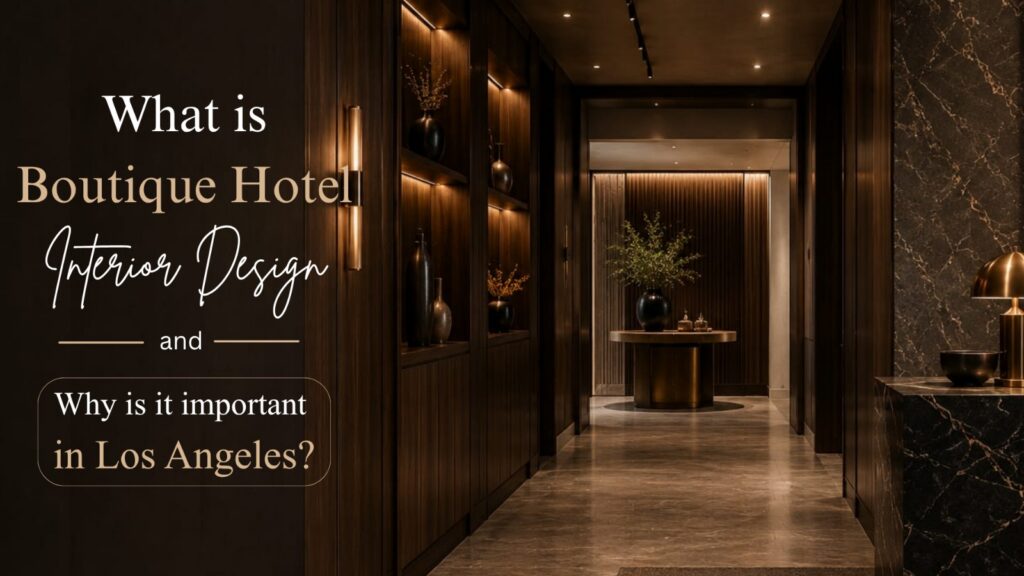 Luxury boutique hotel corridor designed by Spacecraft Group in Los Angeles featuring dark wood paneling, ambient lighting, brass accents, and marble walls
