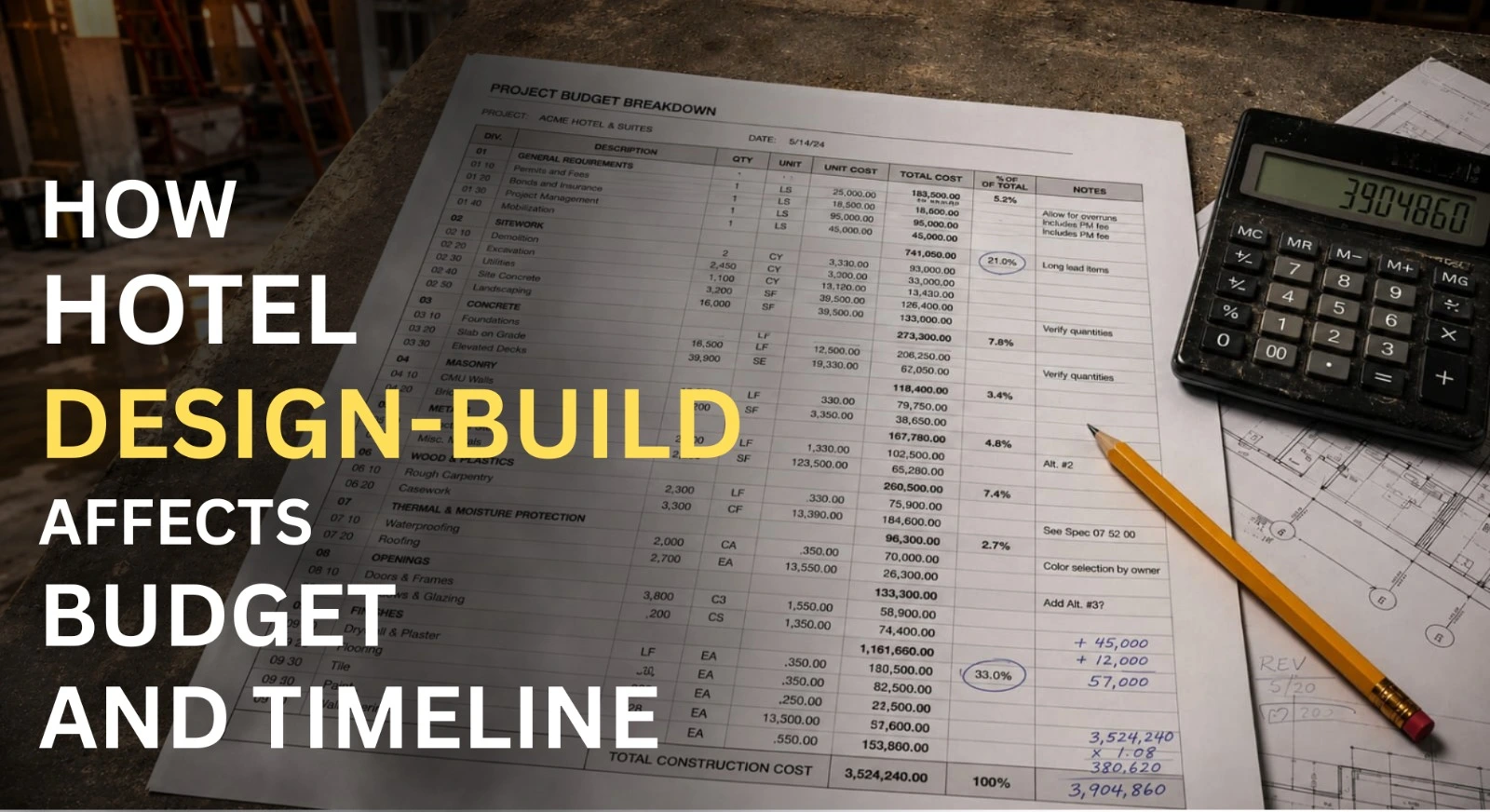Hotel project budget breakdown document with calculator showing how hotel design-build affects total construction cost and timeline in Los Angeles