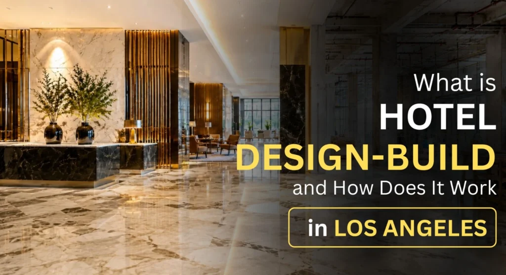 Luxury hotel lobby with marble floors, gold accents, and designer reception desk representing hotel design-build services by Spacecraft Group in Los Angeles
