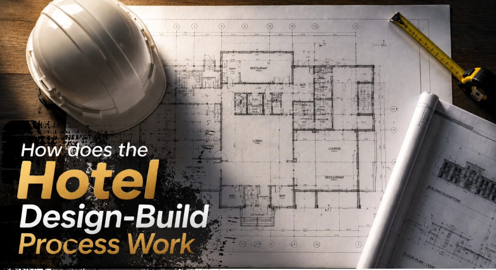 Hotel construction blueprints with floor plan showing restaurant, bar, lobby, and lounge areas alongside a white hard hat and measuring tape representing the hotel design-build process by Spacecraft Group in Los Angeles
