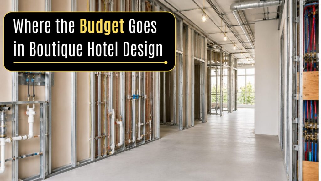 Boutique hotel construction site in Los Angeles showing exposed MEP systems, steel framing, plumbing rough-in, and electrical work representing where the budget goes in boutique hotel interior design
