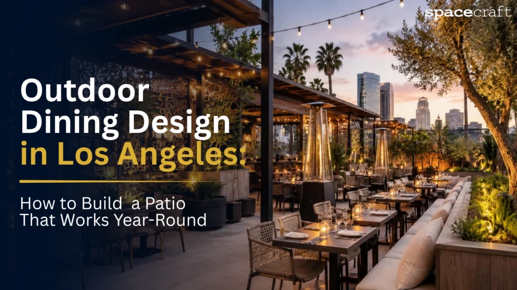 Restaurant patio in Los Angeles at dusk with a pergola, string lights, patio heaters, and banquette seating