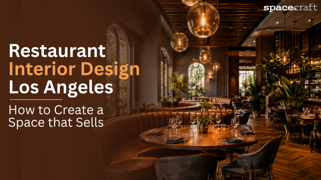 Restaurant interior design in Los Angeles with a curved leather banquette, globe pendant lighting, and herringbone wood floors