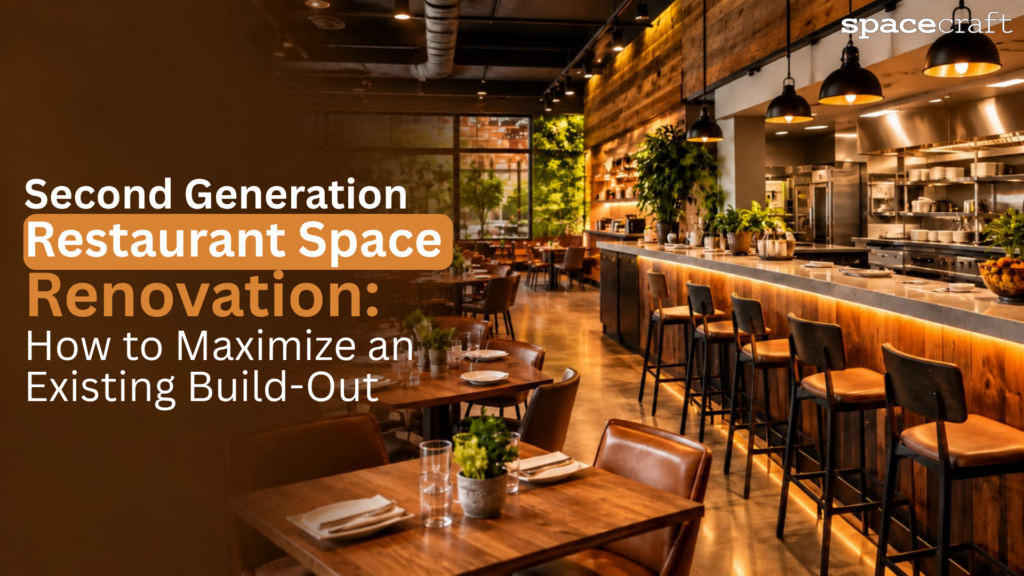 Renovated second generation restaurant space in Los Angeles with a wood bar, dining tables, and an open kitchen