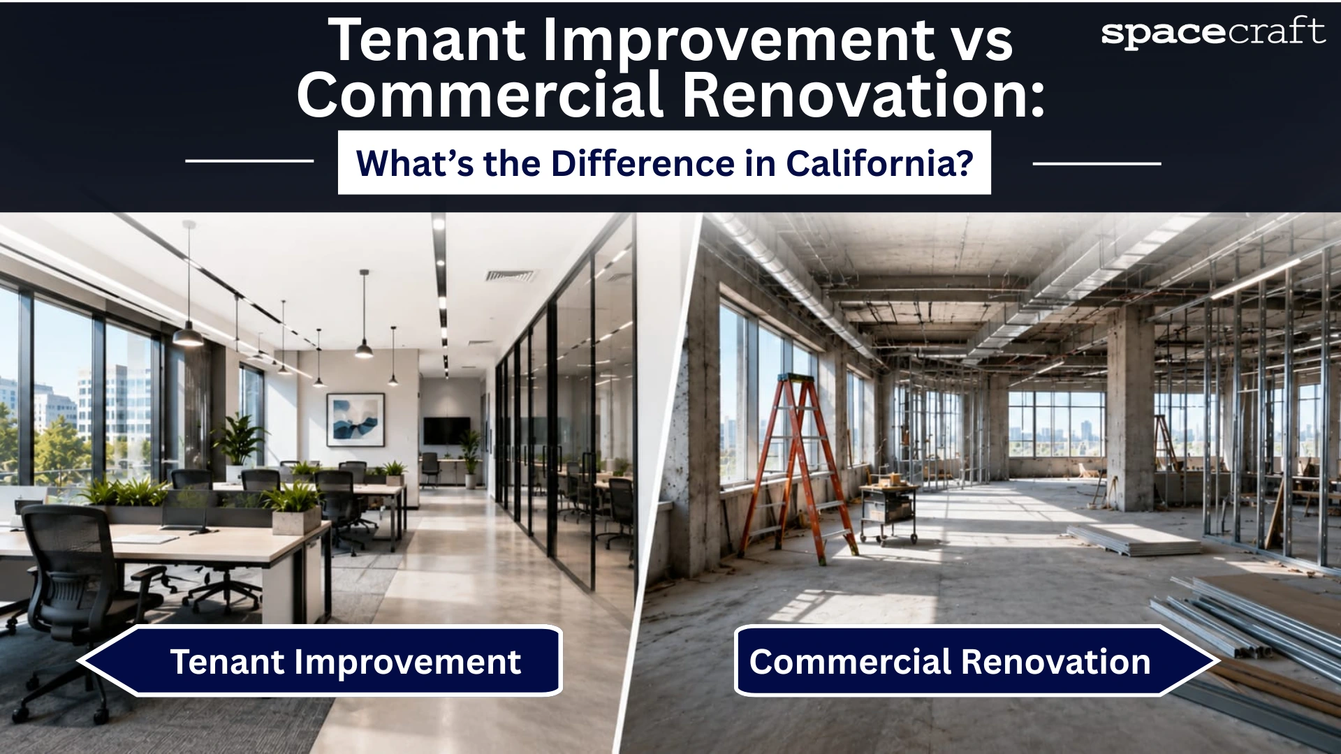Side-by-side comparison of a finished tenant improvement office and a commercial renovation under construction in California